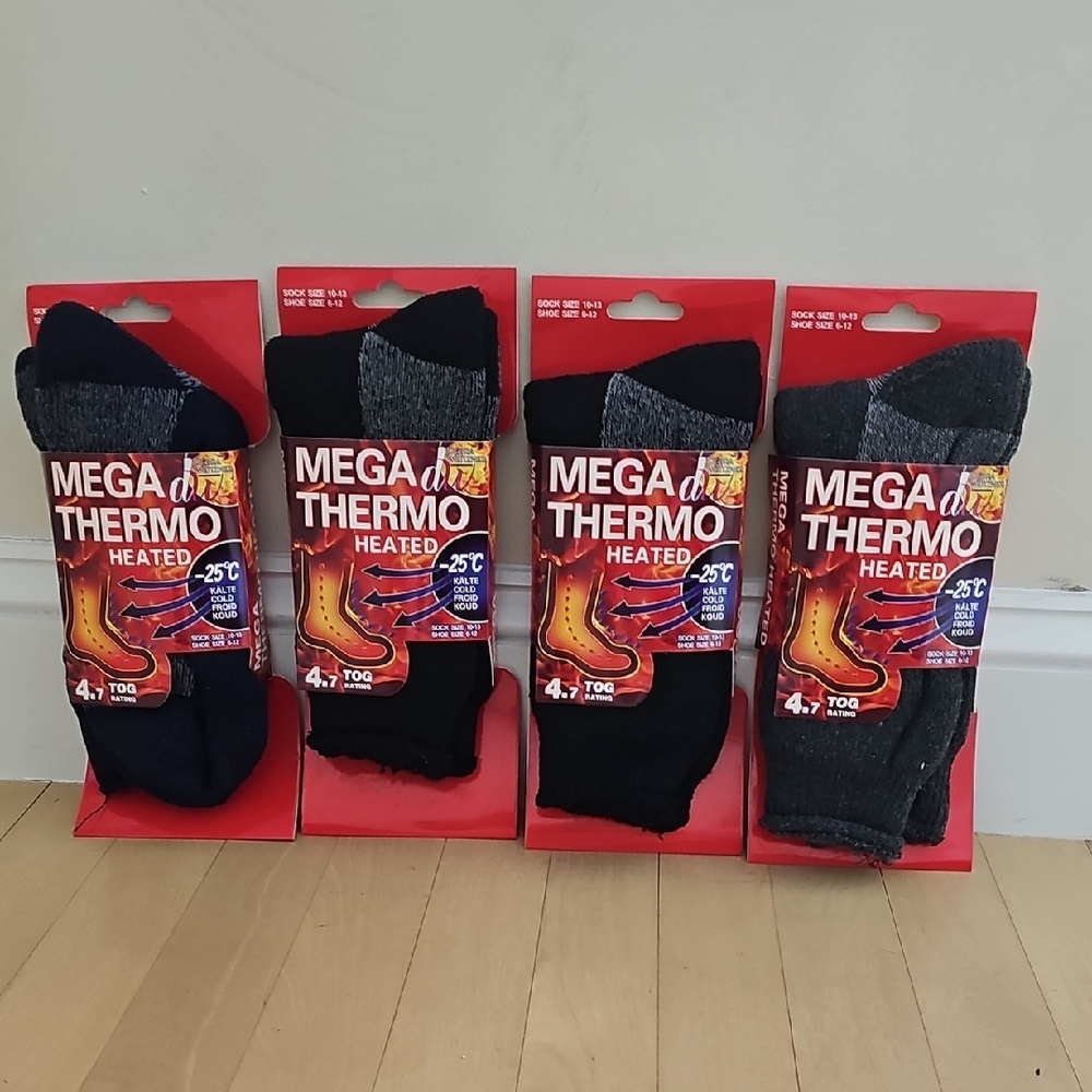 Men's MEGA THERMO HEATED NWT Socks 4 PAIRS- Black and Gray dw DEBRA WEITZNER